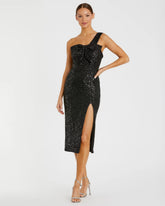 Black Sequined One Shoulder Front Bow Dress